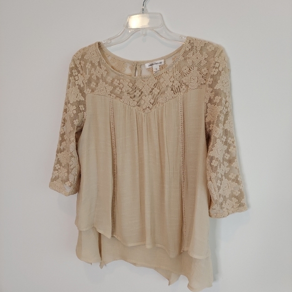 JohnPaulRichard Top Blouse Peasant Boho Penny Lane Tunic Lace Beige Tan Small - Picture 5 of 13